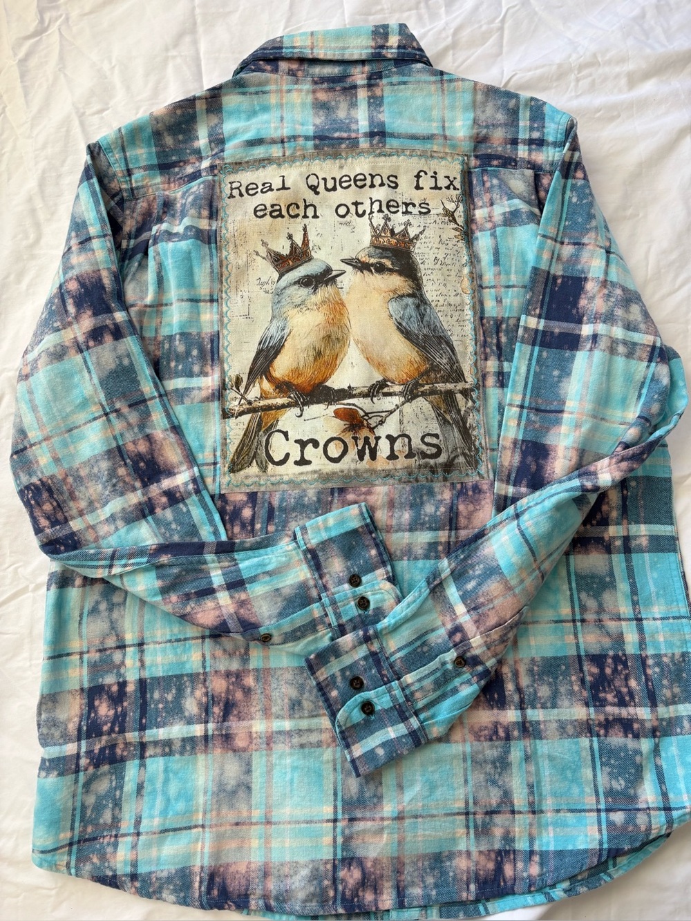 Angry Minnow plaid Blue Teal Flannel Shirt with Bird Back Patch